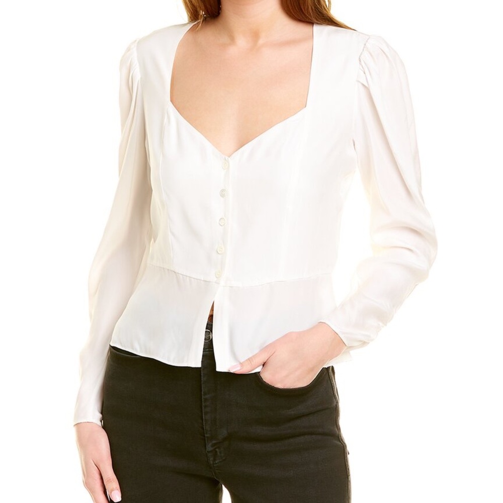FRAME Silk Peplum Blouse - Puff Sleeve Button Front V-Neck Top - Ivory XXS